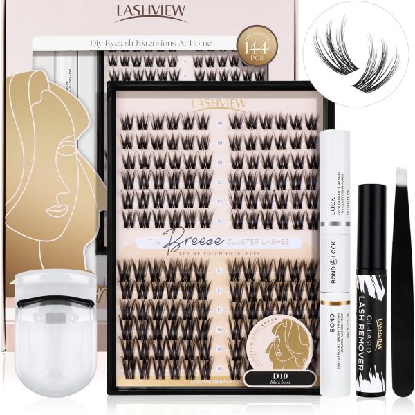 LASHVIEW DIY Cluster Eyelash Extensions 144 Pcs Reusable Individual Lashes Mega Volume Soft Black Synthetic Cluster Lashes