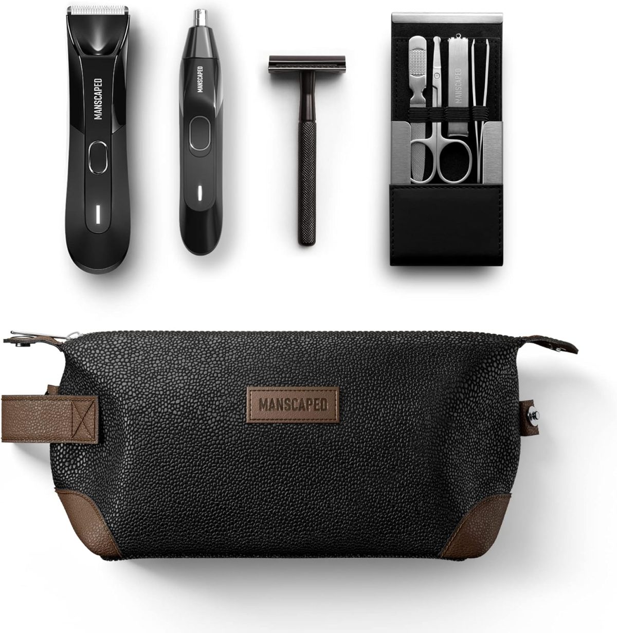 Manscaped Refining The Gentleman Tool Box 4.0 Contains: Lawn Mower® 4.0 Electric Trimmer, Weed Whacker® 2.0 Nose & Ear Hair Trimmer, Plow® 2.0, Shears Four Piece Luxury Nail Kit, Shed Toiletry Bag