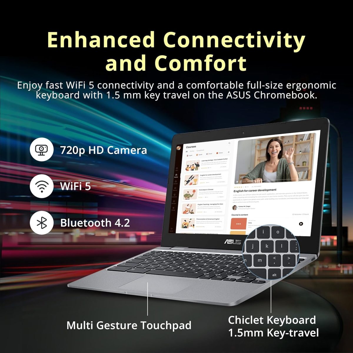 ⁦ASUS Chromebook 11.6" HD Student Laptop, Intel Celeron N3350, 4GB RAM, 192GB Storage (32GB eMMC+160GB Docking Station), Intel UHD Graphics, HD Camera, Stereo Speakers, Chrome OS, Gray⁩ - الصورة ⁦5⁩