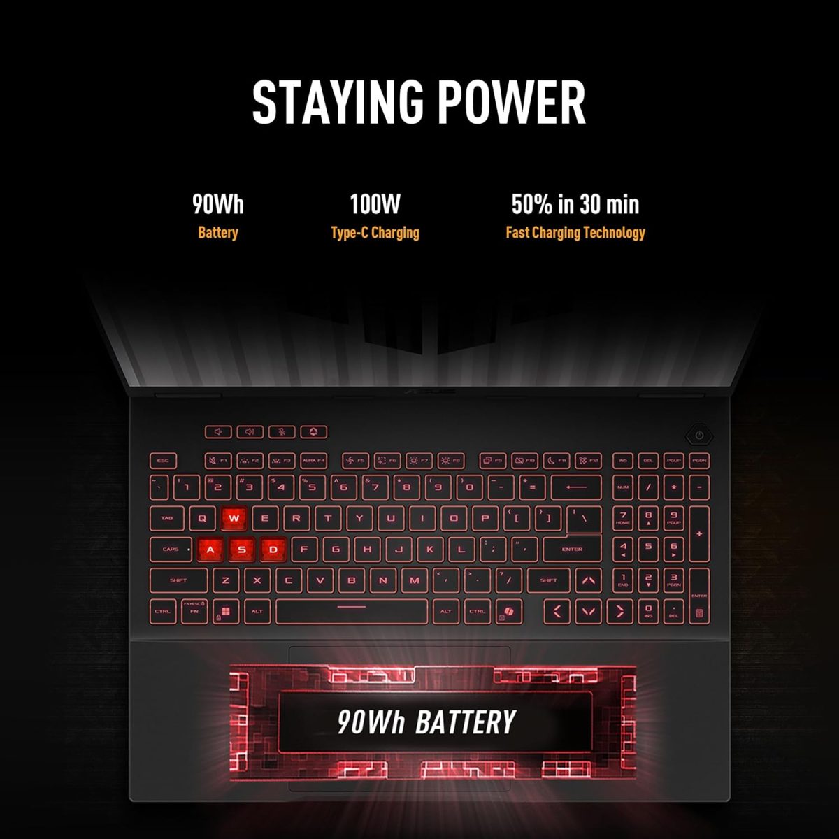 ⁦ASUS TUF Gaming F16 Inch FHD +165Hz,FX608JHR-RV001W,Intel Core i7 14650HX CPU 16-core,RTX5050 (8GB DDR7), DDR5 16GB RAM, 1TB M2 SSD,AR-EN Backlit Keyboard 1-Zone RGB,Dolby, FHD Cam,2.2KG,Win 11,Gray⁩ - الصورة ⁦5⁩