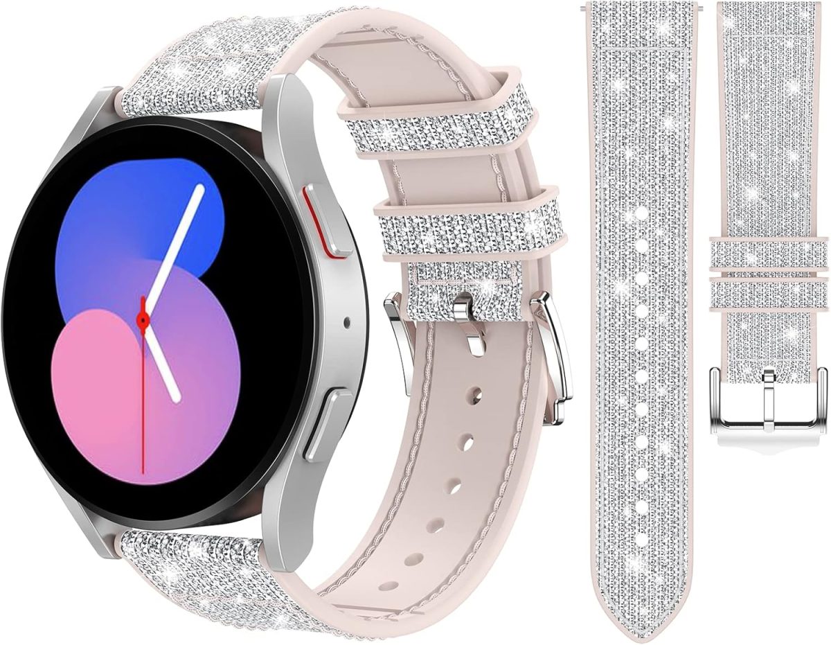 Goton Bling Silicone Band for Samsung Galaxy Watch 6 Band 40mm 44mm/Galaxy Watch 6 Classic Band 43mm 47mm/Galaxy Watch 5 & 4 Band 40mm 44mm, 20mm Women Glitter Wristband Accessories