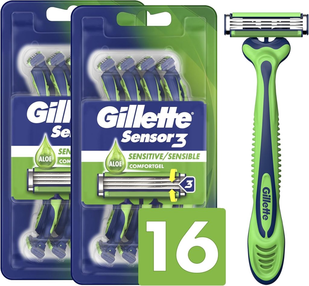 Gillette Sensor3 Sensitive Disposable Razors for Men, Enhanced Lubrastrip Glides Easily Over Your Skin, 8 Count (Pack of 2)