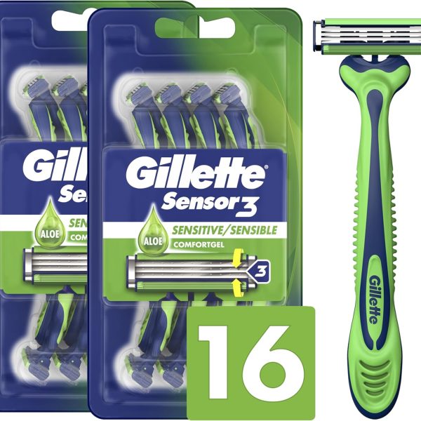 Gillette Sensor3 Sensitive Disposable Razors for Men, Enhanced Lubrastrip Glides Easily Over Your Skin, 8 Count (Pack of 2)