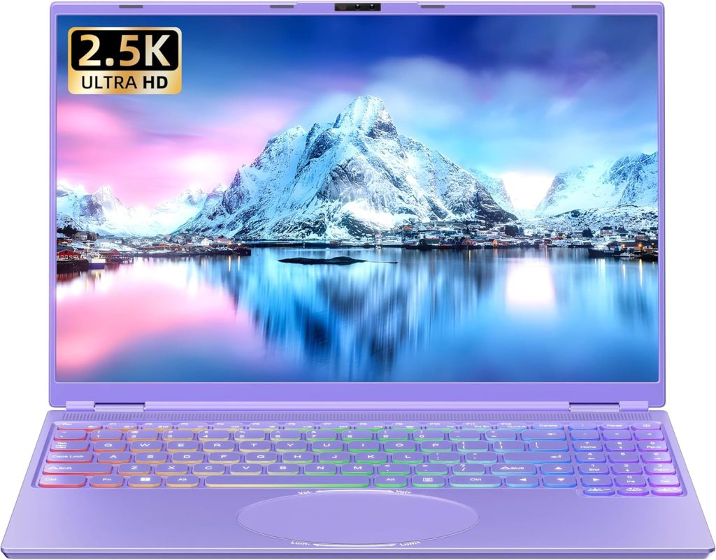 Rumtuk 16" Purple Laptop,Ultra-Narrow bezels 2.5K FHD (2560x1600) IPS,in tel N95 (Up to 3.4Ghz),DDR4 16G RAM,Color Backlit KB,Fingerprint,Type-C/HDMI/WiFi,Win 11 PC for Business Study (16G+256G SSD)