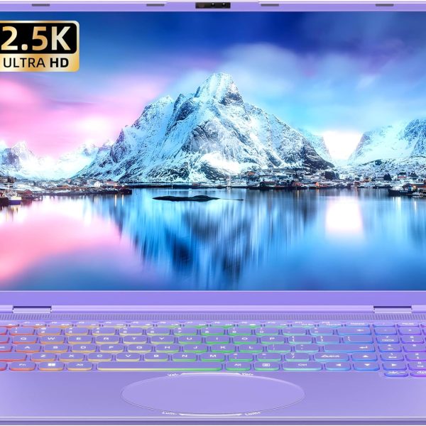 Rumtuk 16" Purple Laptop,Ultra-Narrow bezels 2.5K FHD (2560x1600) IPS,in tel N95 (Up to 3.4Ghz),DDR4 16G RAM,Color Backlit KB,Fingerprint,Type-C/HDMI/WiFi,Win 11 PC for Business Study (16G+256G SSD)