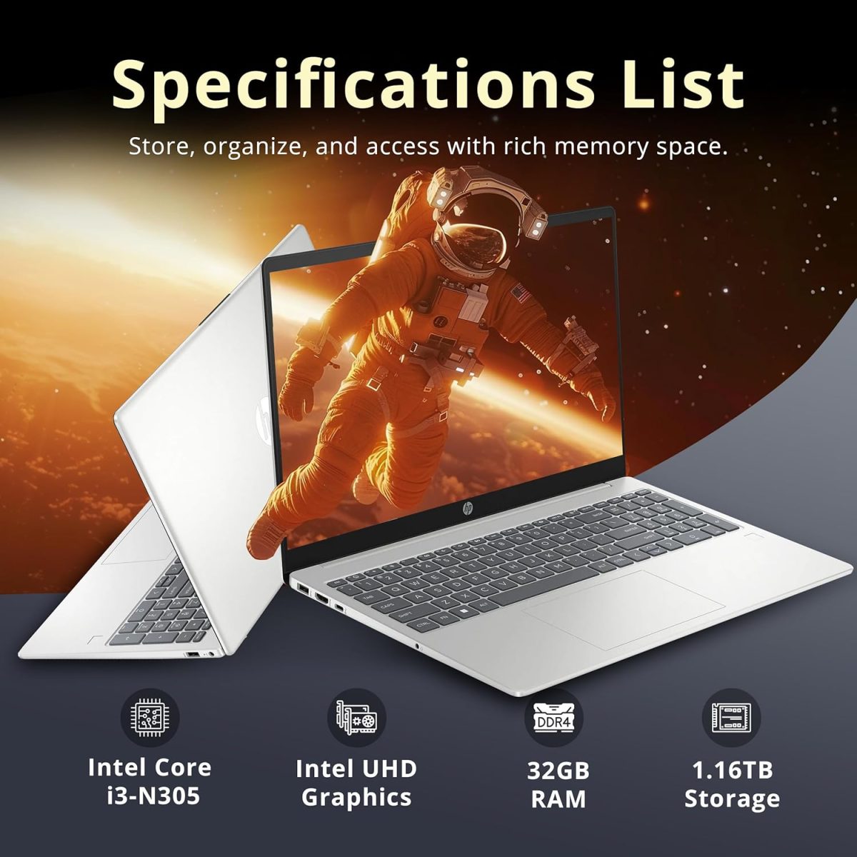 ⁦اتش بي بافليون FHD 15.6 بوصة بمعالج انتل i3-N305 وRAM 8 جيجا وتخزين 1.16 تيرا (SSD 1 تيرا وذاكرة 160 جيجا) وبطاقة رسومات انتل UHD وقارئ بصمات أصابع ولوحة أرقام وكاميرا ويب وواي فاي 6 وويندوز 11، فضي⁩ - الصورة ⁦3⁩