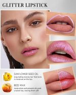 ⁦Glitter Lipstick Gold Pink, Smooth Nourishing Lip Liner with Metallic Finish, Long Lasting Shine, Waterproof Lip Liner & Lipstick 2-in-1, Creamy Texture, Highly Pigmented Emergency Stick Lip Gloss⁩ - الصورة ⁦5⁩
