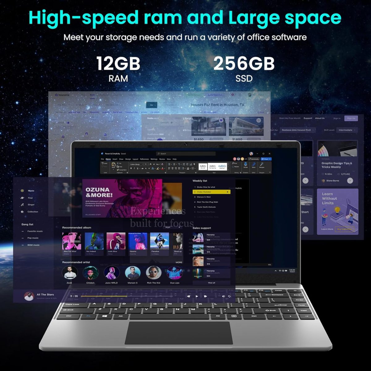 ⁦jumper Laptop, Laptop Computer with 365, 12GB RAM 512GB SSD, 14-inch FHD Display, Celeron N4000 CPU, Thin & Portable, 2.4/5G WiFi, BT4.0⁩ - الصورة ⁦2⁩