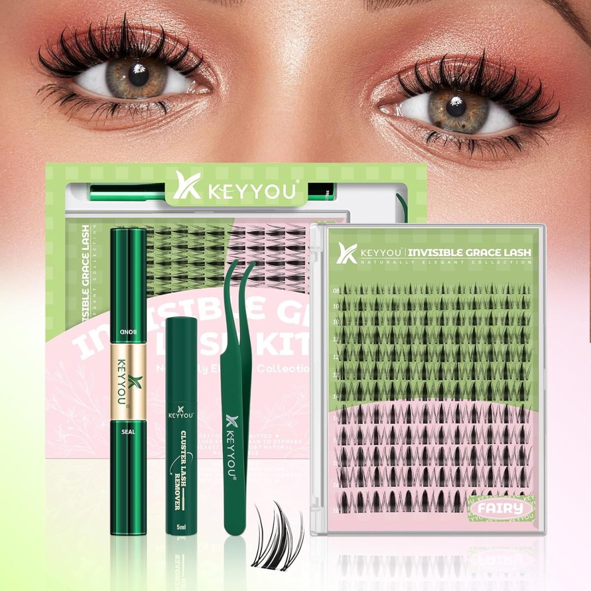 KEYYOU Fairy Lash Clusters Kit Manga Lash Extension Kit D Curl KEYYOU 144Pcs Eyelash Extension Wispy Natural Invisible Band Lash with Waterproof at Home(Fairy Kit-D-8-16MIX)