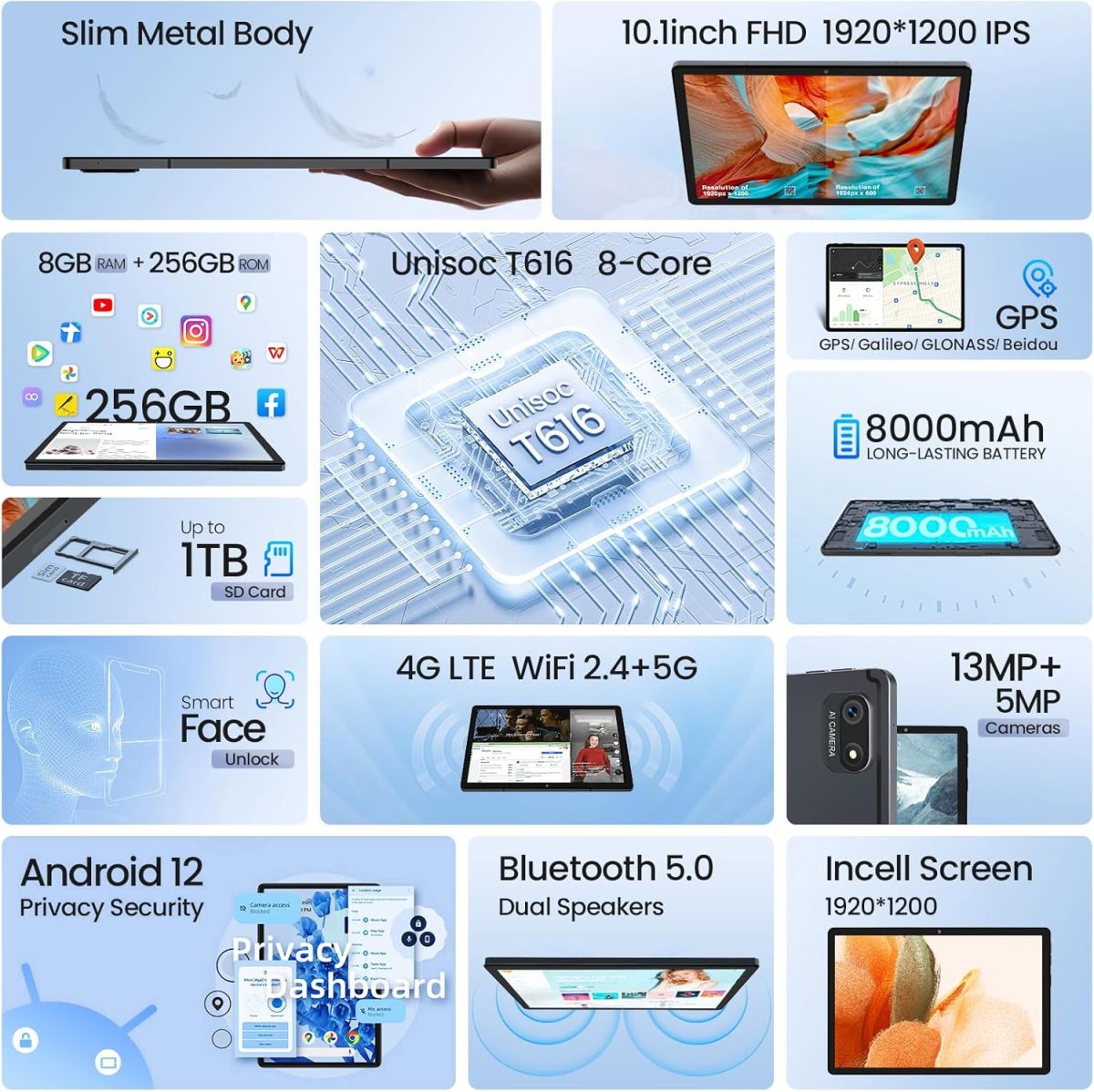 ⁦كينستون تابلت اندرويد 10.1 انش، ذاكرة RAM 8GB وروم 256GB (1TB قابل للتوسيع)، ثماني النواة 2.0GHz، بطارية 8000mAh، شاشة FHD IPS، اتصال 4G LTE، واي فاي ثنائي النطاق، كاميرا 13MP، معتمد من جي ام اس⁩ - الصورة ⁦2⁩
