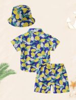 ⁦SEAUR Tropical Print Shirts for Boys and Shorts Outfits with Sun Hat Kids Hawaiian Printed Casual 3 Piece Clothes 3-12Y⁩ - الصورة ⁦2⁩