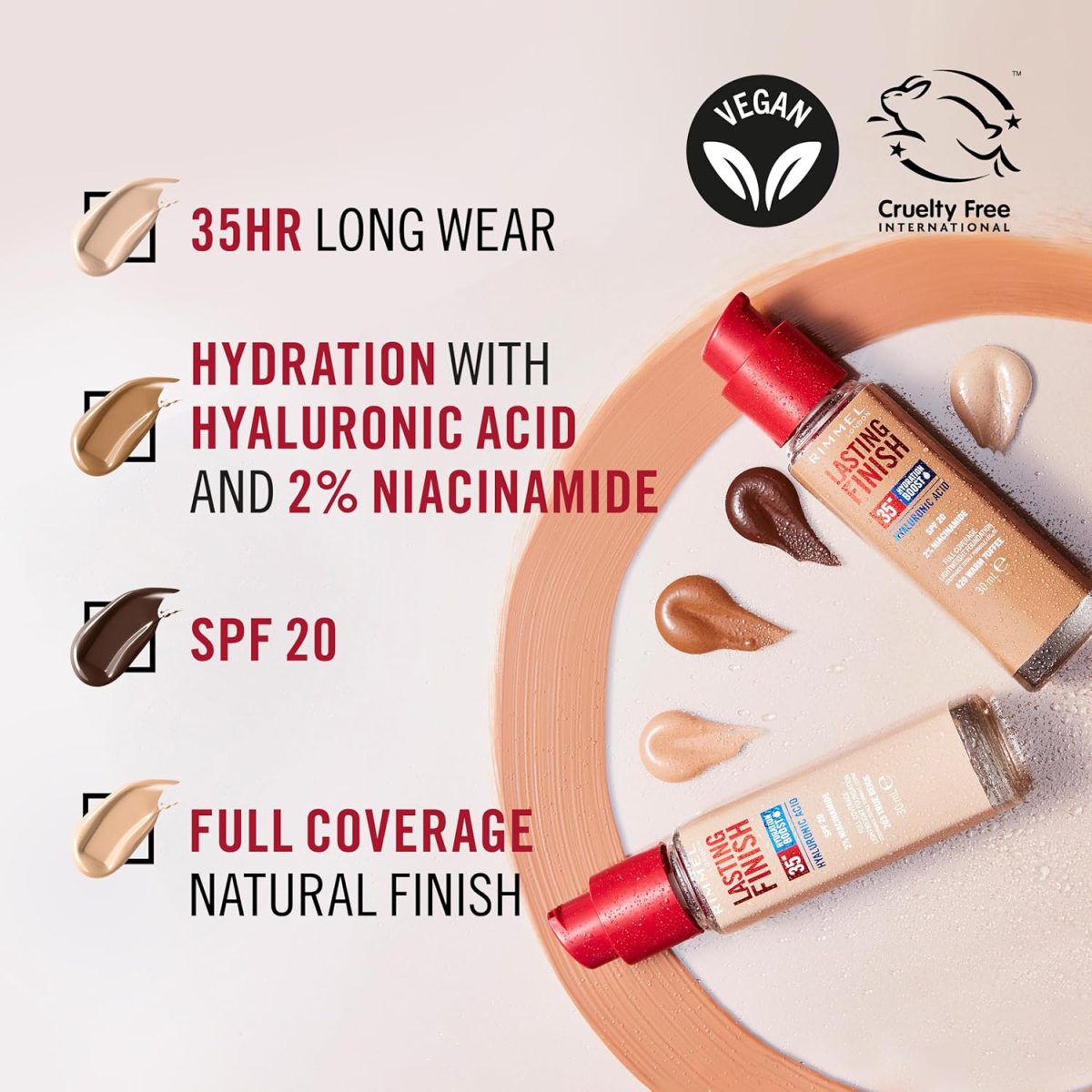 ⁦Rimmel London Lasting Finish 35 Hour, 160 Vanilla, Foundation, Long-Wearing, Hydrating, Vegan Formula, Full-Coverage, 30ml (1oz)⁩ - الصورة ⁦4⁩