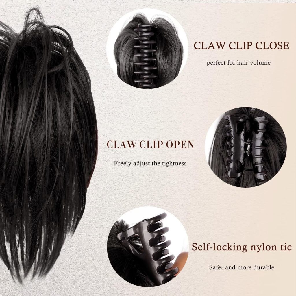 ALMEKAQUZ Messy Bun Hair Piece, 12 Inch Claw Clip Hairpiece in Straight Hair Bun, Short Ponytail Bun Extension, DIY Styles Fake Hair Bun for Women - Black