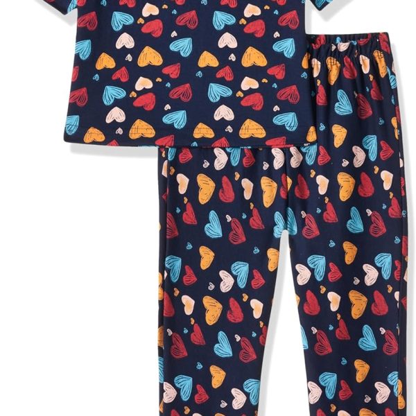 T2F Girls Cotton Printed Oversized Fit Crop Top and Pant Pajama Set