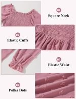 ⁦SEAUR Girls School Dress Long Sleeve Square Neck A Line Casual Dress Swiss Dot Smocked Elastic Cuffs Flowy Party Daily Wear Winter Fall 3-14 Years⁩ - الصورة ⁦5⁩