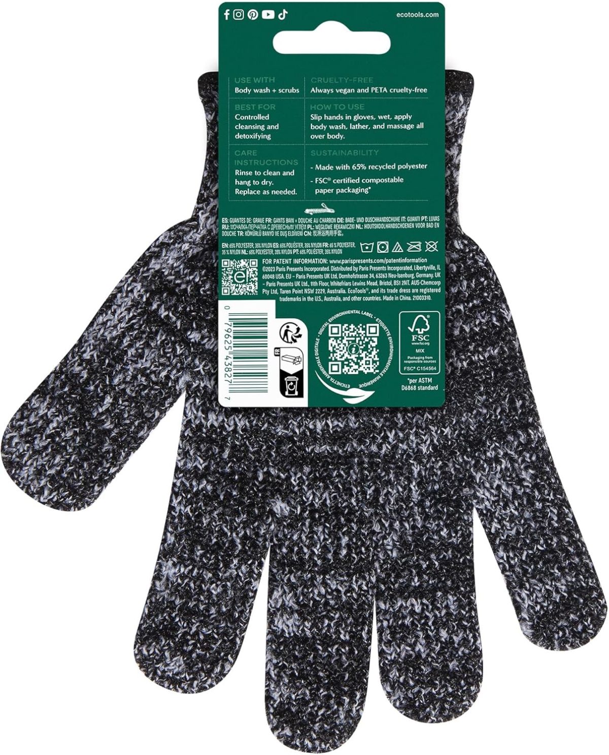 ⁦EcoTools Charcoal Infused Bath & Shower Gloves, Cleansing For Whole Body, Self-Tan Prep & Removal, Exfoliating, Detoxifying & Purifying, Recycled Netting, Eco-Friendly, Vegan, 1 Pair, 2 Gloves Total⁩ - الصورة ⁦9⁩