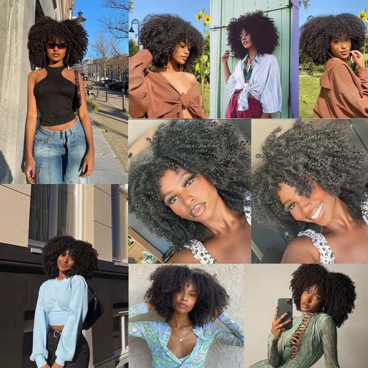 ⁦X spring Short Curly Afro Wigs, 14 Inch Synthetic Hair Wig with Bangs, Natural Looking Afro Wig for Daily Wear and Cosplay, Heat Resistant Curly Full Wig for Black Women⁩ - الصورة ⁦3⁩