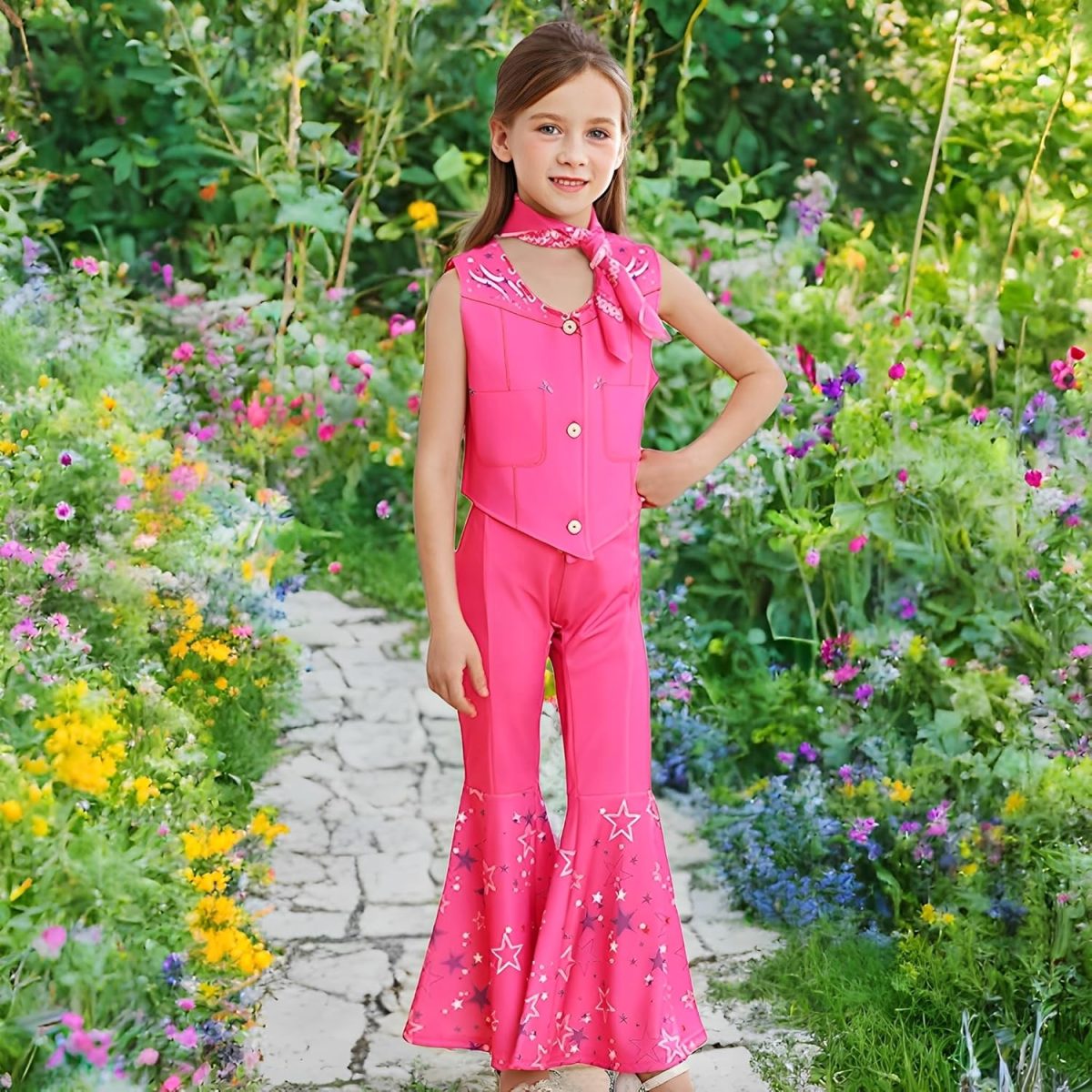 ⁦Goodern Girls Hot Pink Cowgirl Costume,Sleeveless Top Flare Pants Kids Cosplay Costume Set,Kids Disco Outfits Movie Dress up for Halloween Birthday Party Stage for Girls Aged 4-12⁩ - الصورة ⁦2⁩