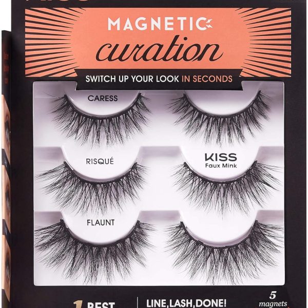 KISS Magnetic Curation False Eyelashes, 3 Pair with 5 Double Strength Magnets, Wind Resistant, Dermatologist Tested, Last Up To 16 Hours, Reusable Up To 15 Times in 3 Styles, Black, 3 Count