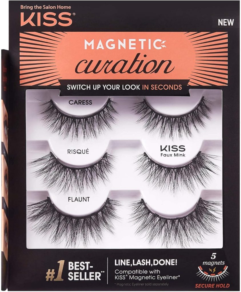 KISS Magnetic Curation False Eyelashes, 3 Pair with 5 Double Strength Magnets, Wind Resistant, Dermatologist Tested, Last Up To 16 Hours, Reusable Up To 15 Times in 3 Styles, Black, 3 Count