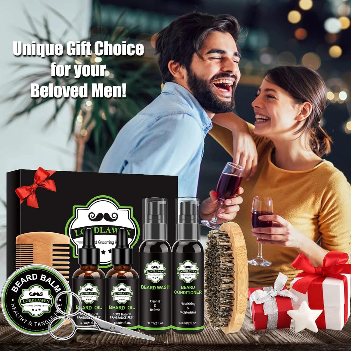 ⁦LOKDLAWEN Beard Kit for Men: Beard Wash, Conditioner, Oil, Balm, Brush, Comb, Scissors, Storage Bag, Gifts for Men, Dad, Husband, Boyfriend⁩ - الصورة ⁦8⁩