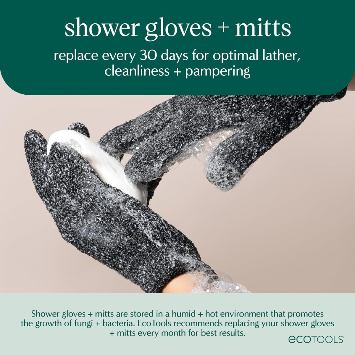 ⁦EcoTools Charcoal Infused Bath & Shower Gloves, Cleansing For Whole Body, Self-Tan Prep & Removal, Exfoliating, Detoxifying & Purifying, Recycled Netting, Eco-Friendly, Vegan, 1 Pair, 2 Gloves Total⁩ - الصورة ⁦6⁩