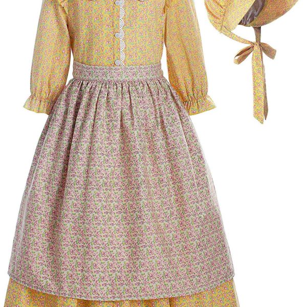 ReliBeauty Pioneer Girl Costume Colonial Prairie Dress Yellow