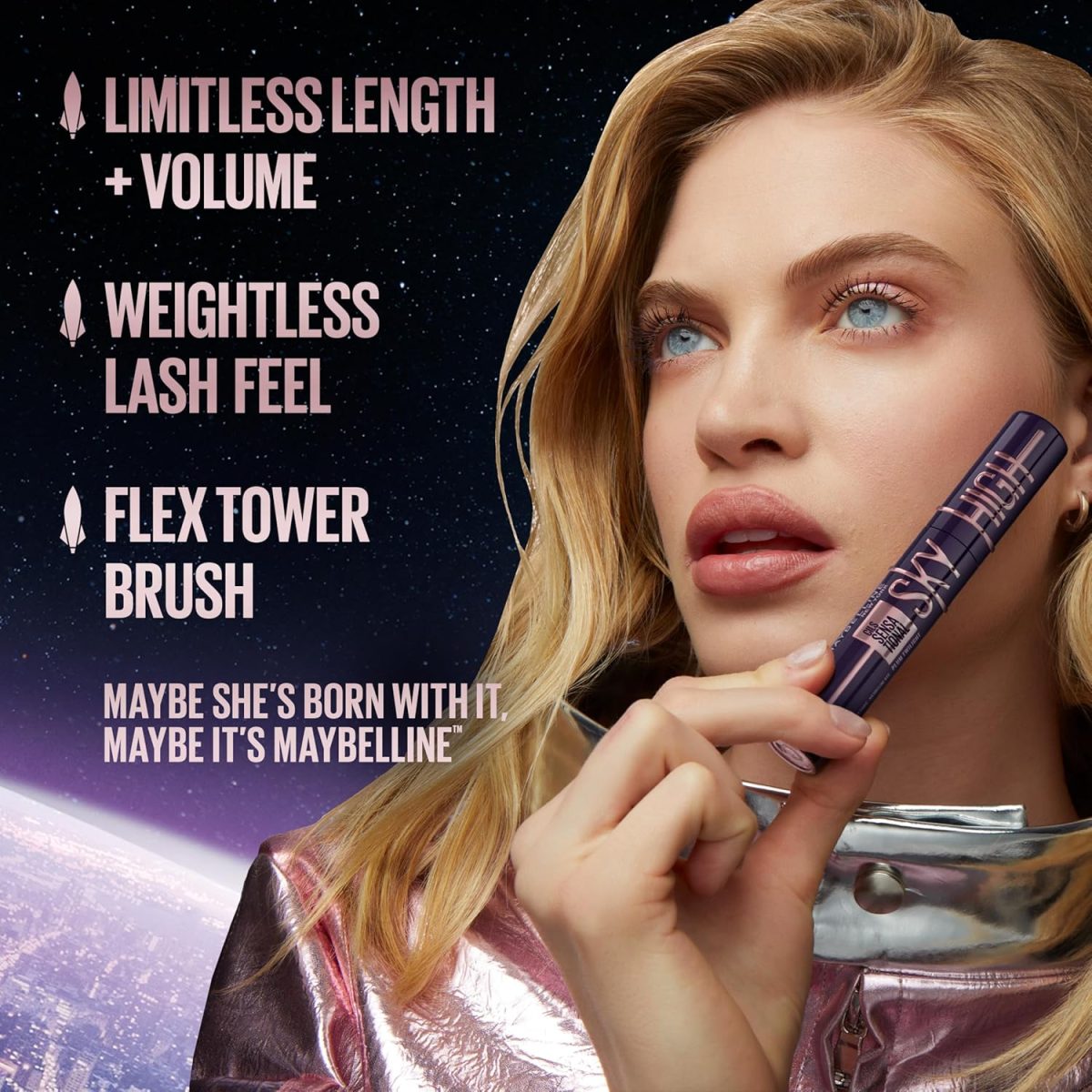 ⁦Maybelline Lash Sensational Sky High Washable Mascara Makeup, Volumizing, Lengthening, Defining, Curling, Multiplying, Buildable Formula, Blackest Black, 1 Count⁩ - الصورة ⁦3⁩