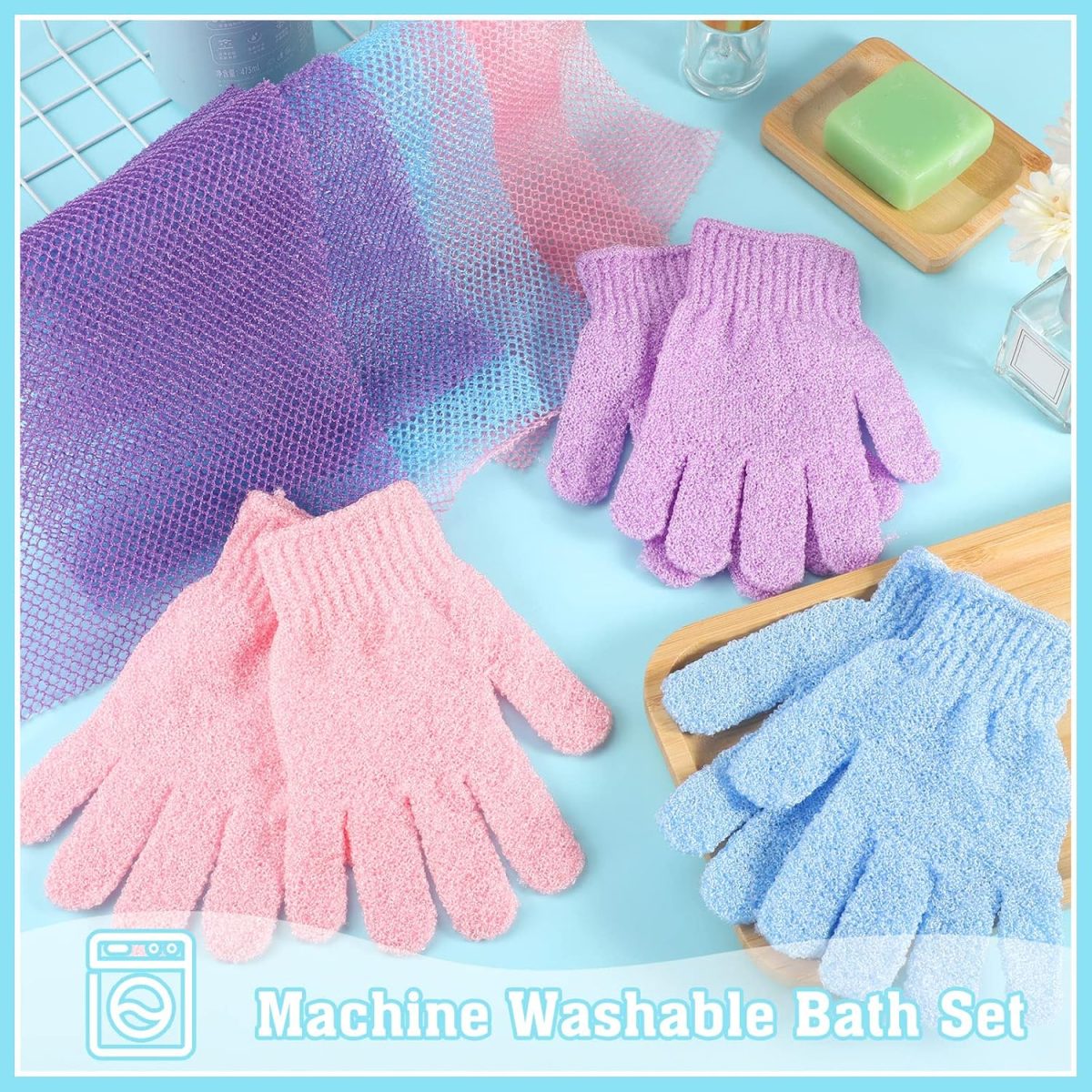 ⁦WSICSE 6 Pack African Net Sponge Exfoliating Glove Set, 3 Bath Sponge Body Scrubber Back Scrubber and 3 Pairs Exfoliating Gloves for Skin Smoother⁩ - الصورة ⁦4⁩