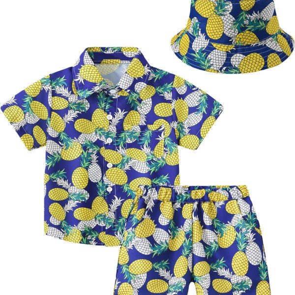 SEAUR Tropical Print Shirts for Boys and Shorts Outfits with Sun Hat Kids Hawaiian Printed Casual 3 Piece Clothes 3-12Y