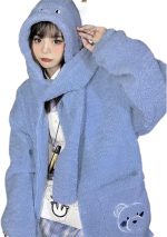 BOLKA Fall Cardigan For Women Lamb Wool Kawaii Bear Embroidery Hoodie Zipper Thickened Warm Hooded Sweatshirt Women's Loose Top (Color : Blue, Size : M)