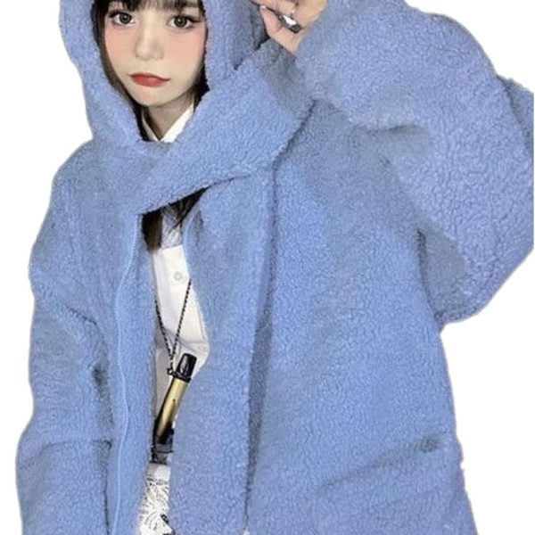 BOLKA Fall Cardigan For Women Lamb Wool Kawaii Bear Embroidery Hoodie Zipper Thickened Warm Hooded Sweatshirt Women's Loose Top (Color : Blue, Size : M)