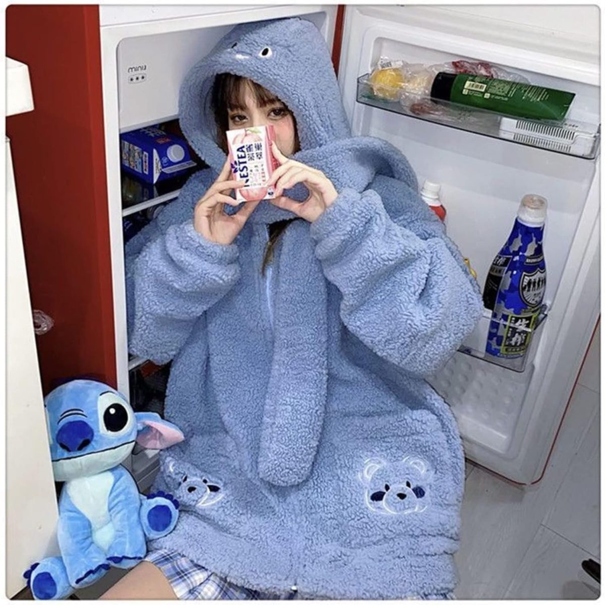 ⁦BOLKA Fall Cardigan For Women Lamb Wool Kawaii Bear Embroidery Hoodie Zipper Thickened Warm Hooded Sweatshirt Women's Loose Top (Color : Blue, Size : M)⁩ - الصورة ⁦2⁩