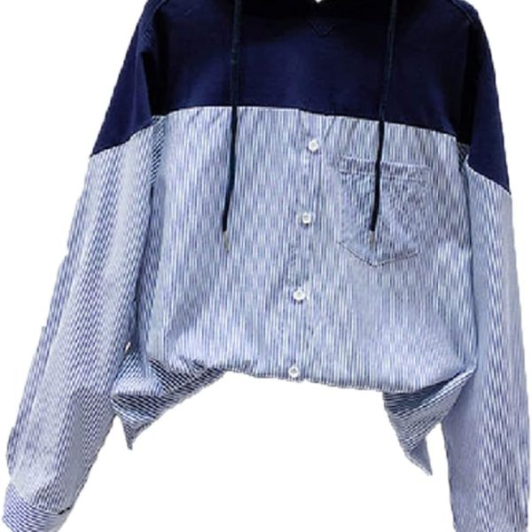 BOLKA Fall Shirts Autumn Style Loose Hoodies Women Drawstring Tops Hooded Striped Stitching Shirt Female Sweatshirts Pleasure (Size : XL)
