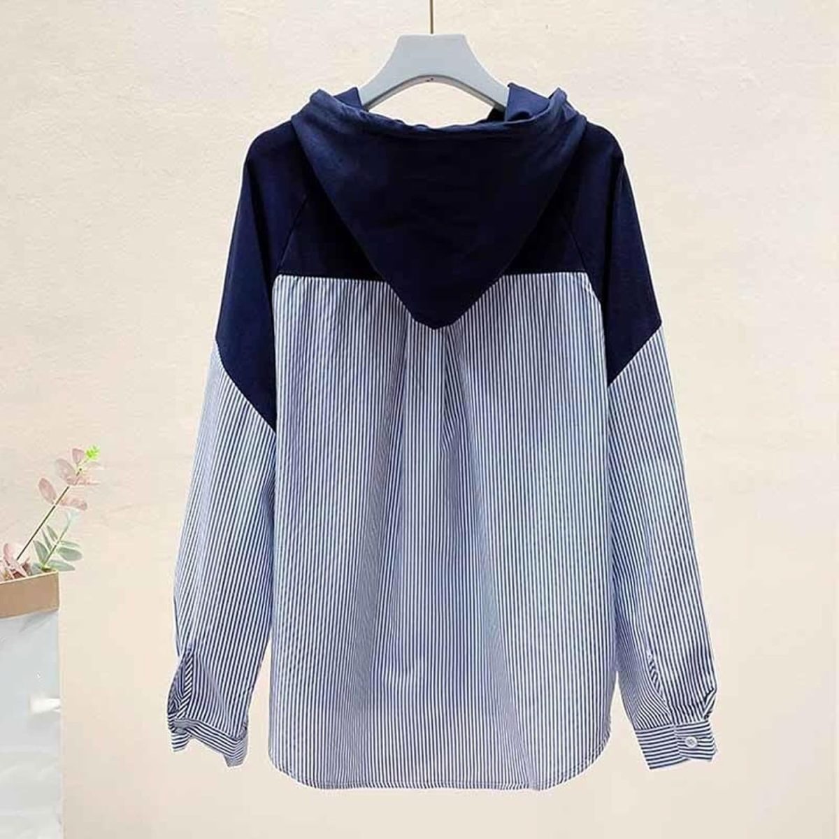 ⁦BOLKA Fall Shirts Autumn Style Loose Hoodies Women Drawstring Tops Hooded Striped Stitching Shirt Female Sweatshirts Pleasure (Size : XL)⁩ - الصورة ⁦2⁩