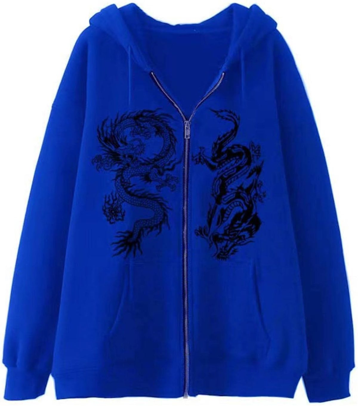 ⁦Chahuer Women's Dragon Print Zipper Sweatshirt Fashion Hip Hop Sports Hoodie Autumn And Winter New Loose Fleece Jacket blue 1 3XL⁩ - الصورة ⁦1⁩
