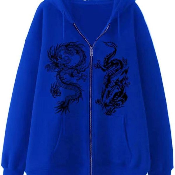 Chahuer Women's Dragon Print Zipper Sweatshirt Fashion Hip Hop Sports Hoodie Autumn And Winter New Loose Fleece Jacket blue 1 3XL