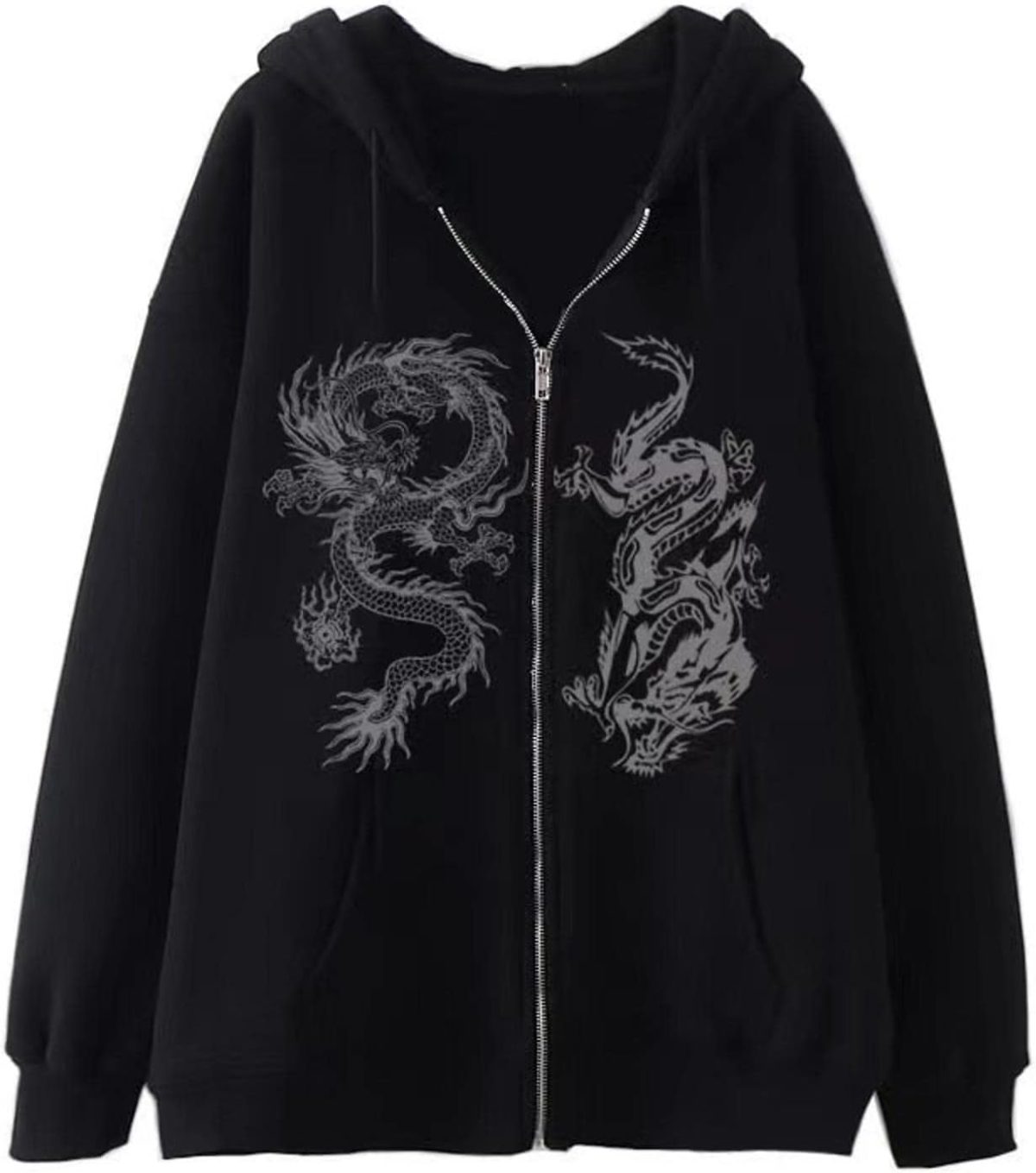 ⁦Chahuer Women's Dragon Print Zipper Sweatshirt Fashion Hip Hop Sports Hoodie Autumn And Winter New Loose Fleece Jacket blue 1 3XL⁩ - الصورة ⁦2⁩
