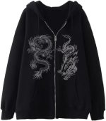 ⁦Chahuer Women's Dragon Print Zipper Sweatshirt Fashion Hip Hop Sports Hoodie Autumn And Winter New Loose Fleece Jacket blue 1 3XL⁩ - الصورة ⁦2⁩