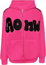 GORGLITTER Women's Letter Star Print Zip Up Hoodie Long Sleeve Streetwear Sweatshirt Hot Pink L