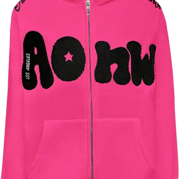 GORGLITTER Women's Letter Star Print Zip Up Hoodie Long Sleeve Streetwear Sweatshirt Hot Pink L
