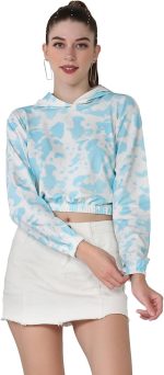 Greciilooks Women Tie Dye Print Crop Hoodie Long Sleeve Drawstring Pullover Tops Loose Casual Sweatshirt for Women Top, Off-White & Sky Blue, 34