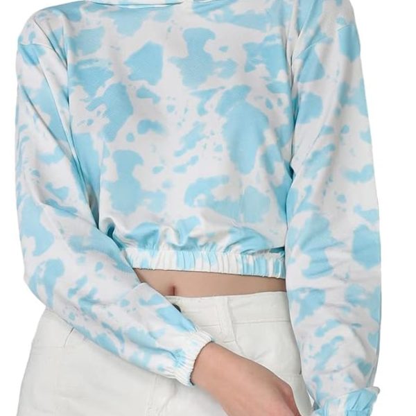 Greciilooks Women Tie Dye Print Crop Hoodie Long Sleeve Drawstring Pullover Tops Loose Casual Sweatshirt for Women Top, Off-White & Sky Blue, 34