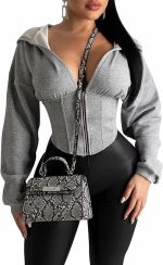 PRIVIMIX Women's Half Zipper Corset Top Long Sleeve Cropped Hoodie Solid Deep V-Neck Casual Workout Jacket Sweatshirt