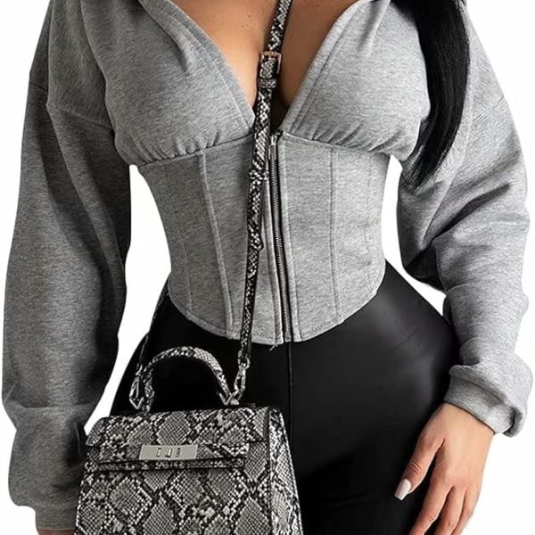 PRIVIMIX Women's Half Zipper Corset Top Long Sleeve Cropped Hoodie Solid Deep V-Neck Casual Workout Jacket Sweatshirt