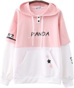 SHINsuke Women Kawaii Panda Hoodies Cute Long Sleeve Anime Preppy Sweatshirts Fall Drawstring Loose Patchwork Pullover with Pocket, Pink, One Size