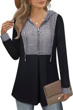 Siddhe Pullover Women's Elegant Hoodie Zip Up Tunic Women's Long Sleeve Blouse Hoodie Tops Jumper with Hood Long Shirt Long Sweatshirt A-line Loose Tops, Houndstooth 3XL