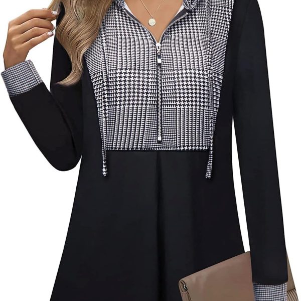 Siddhe Pullover Women's Elegant Hoodie Zip Up Tunic Women's Long Sleeve Blouse Hoodie Tops Jumper with Hood Long Shirt Long Sweatshirt A-line Loose Tops, Houndstooth 3XL