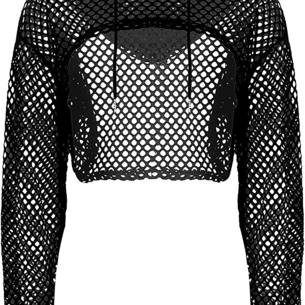 TAIKMD Women's Mesh Fishnet Hollow Out Hoodies Shirts See Through Sheer Pullover Sweatshirts Crop Top Clubwear