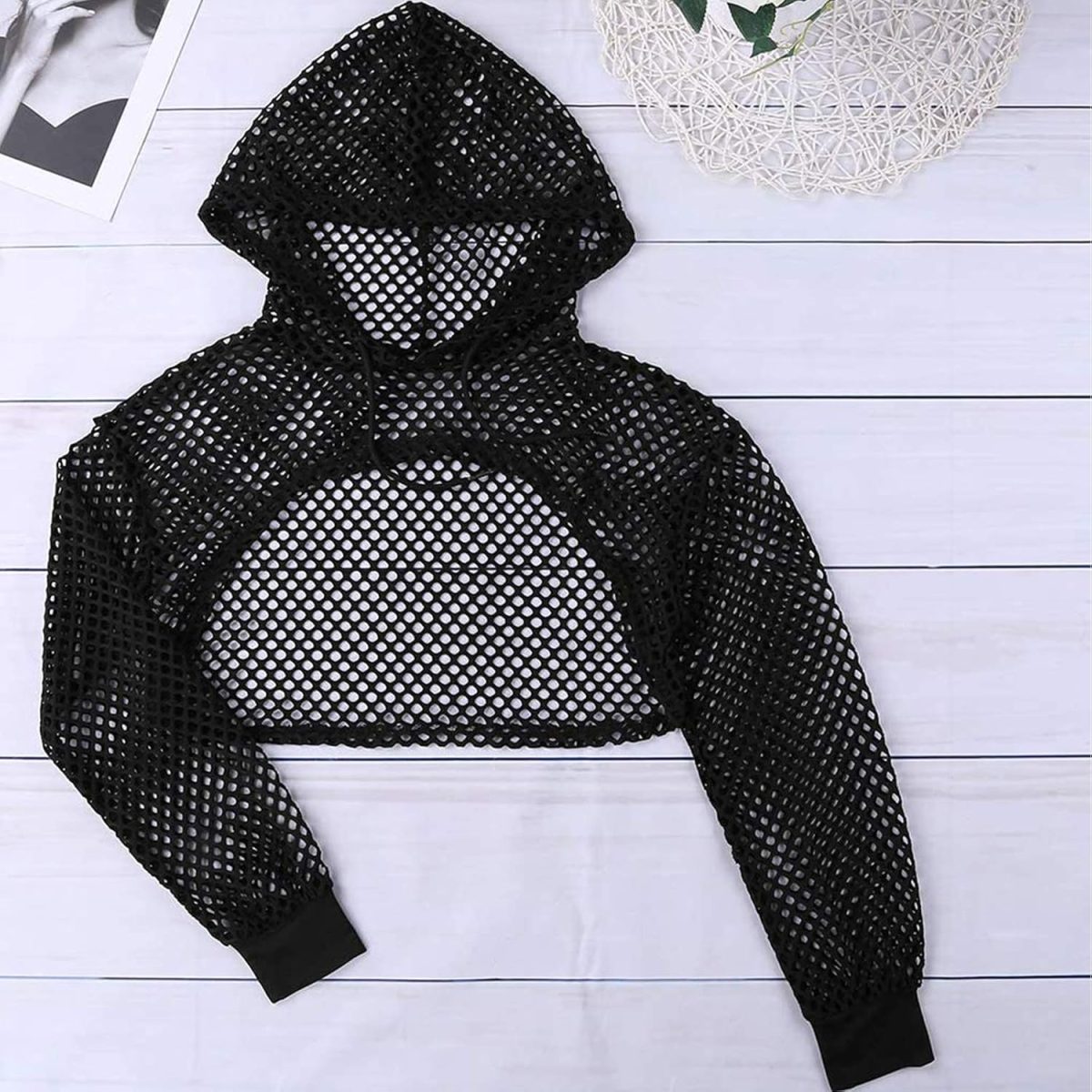 ⁦TAIKMD Women's Mesh Fishnet Hollow Out Hoodies Shirts See Through Sheer Pullover Sweatshirts Crop Top Clubwear⁩ - الصورة ⁦2⁩